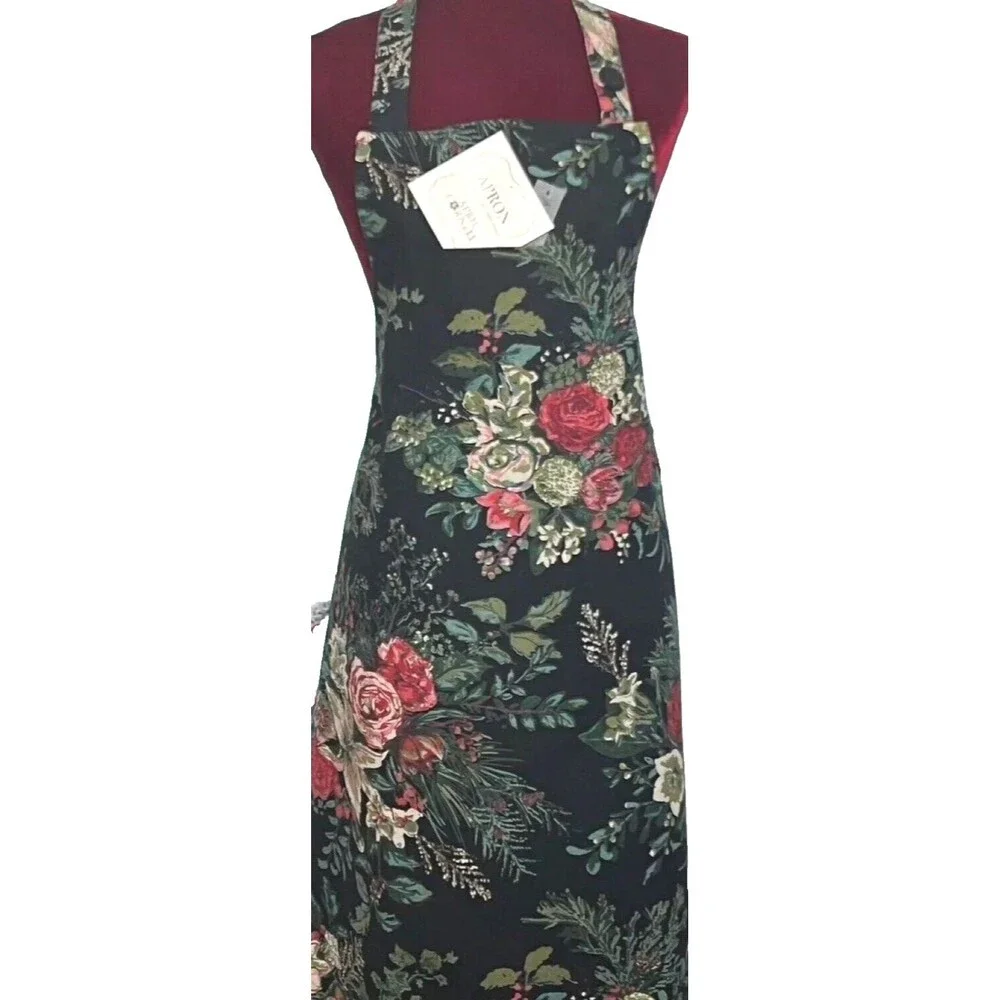 April Cornell Chef Apron Christmas Merry Black French Country Floral 100% Cotton